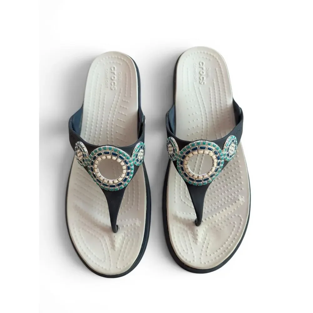 Crocs Women's Sanrah Diamante Navy Wedge Flip Sandals Studded Accent Size 11 - Picture 2 of 10